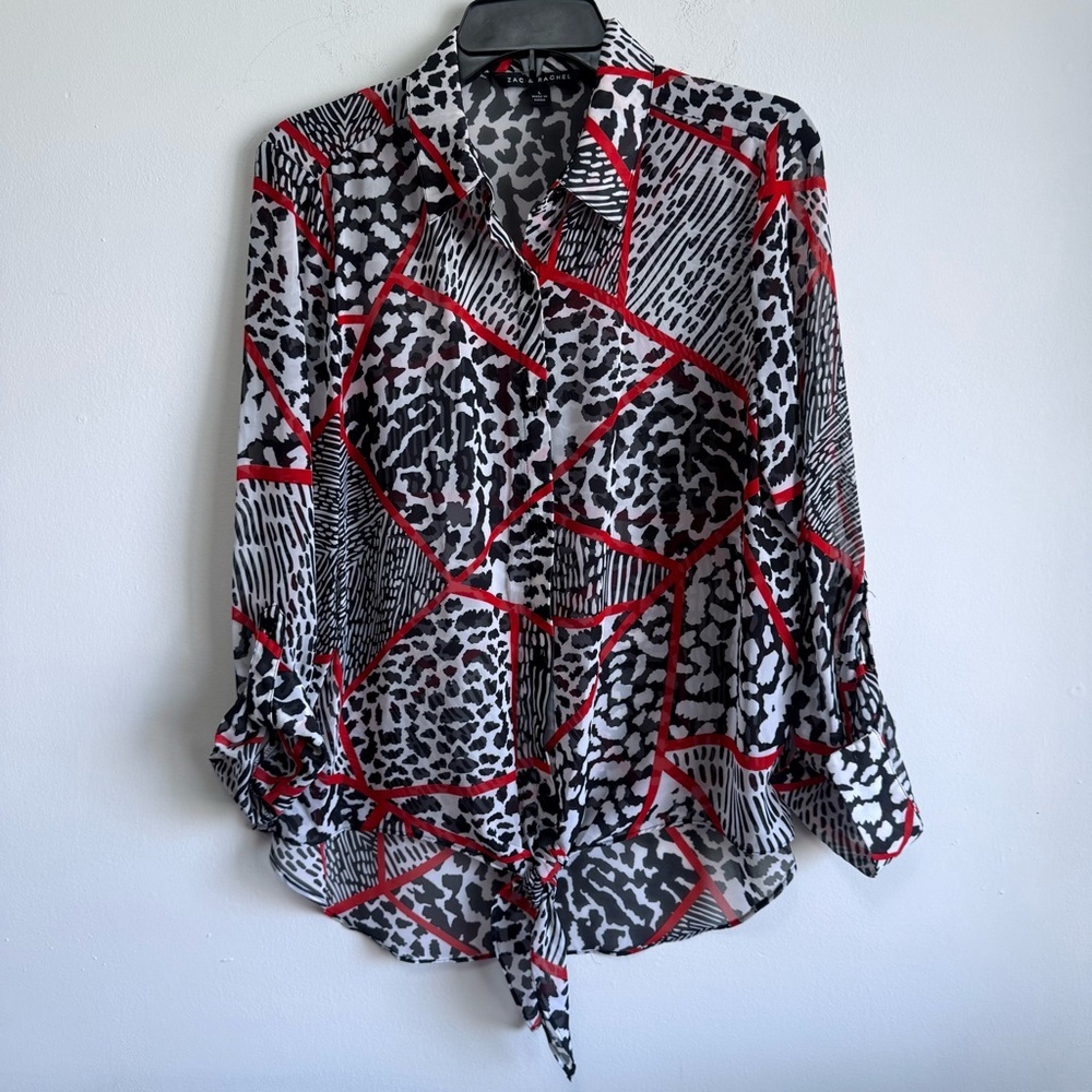 Zac & Rachel Sheer Leopard Geometric Print Tie-Hem Top L Roll Tab Sleeve